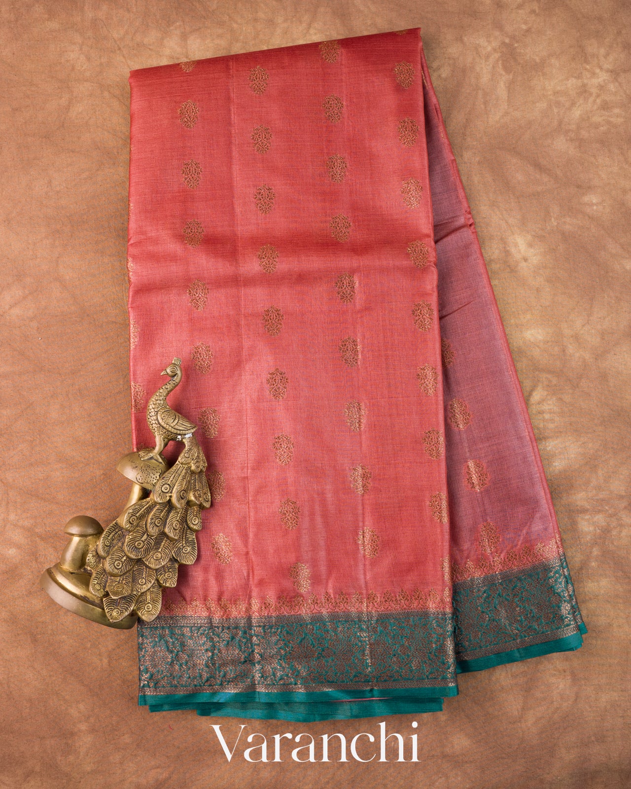 Coral Pink Pure Tussar Silk Saree