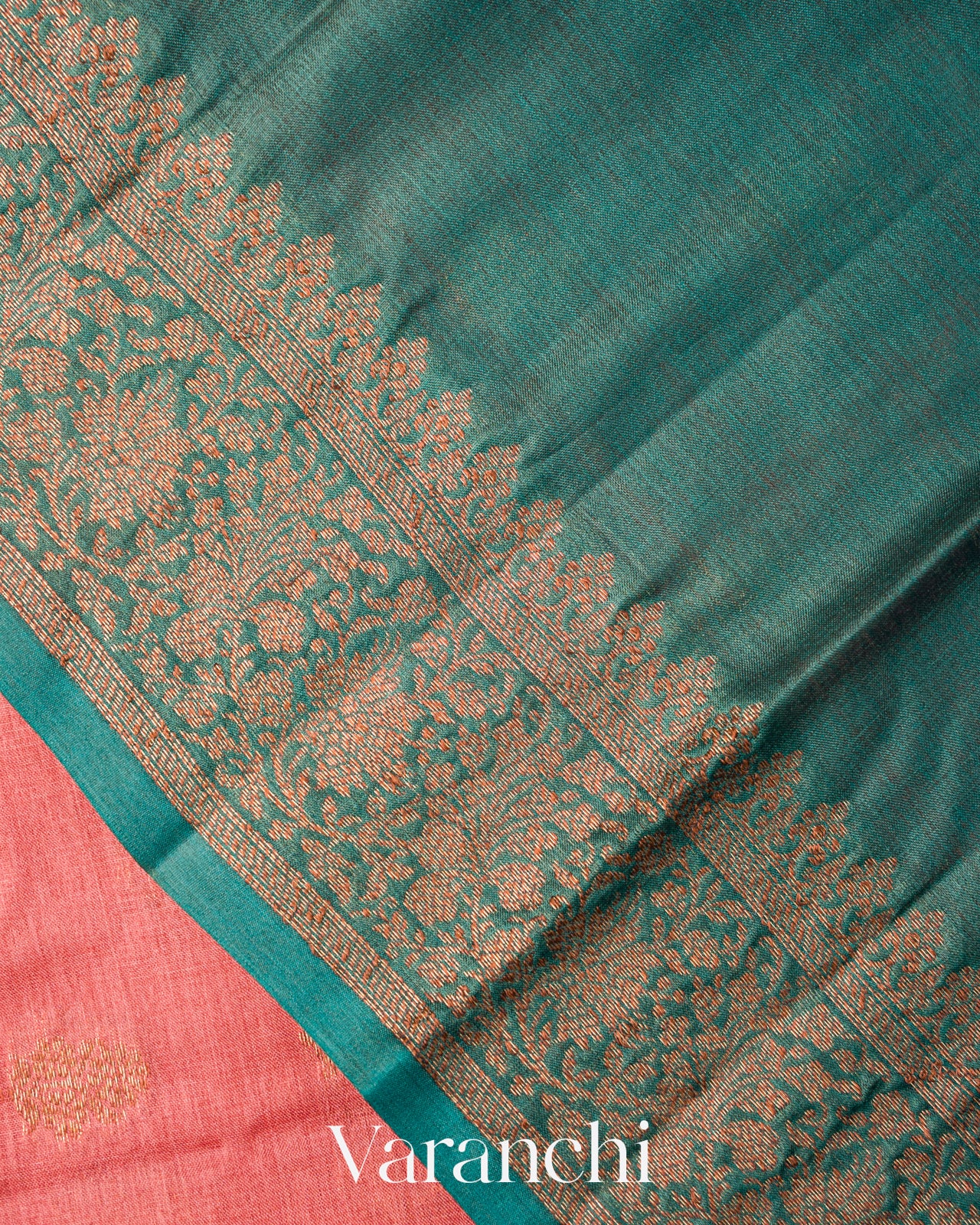 Coral Pink Pure Tussar Silk Saree