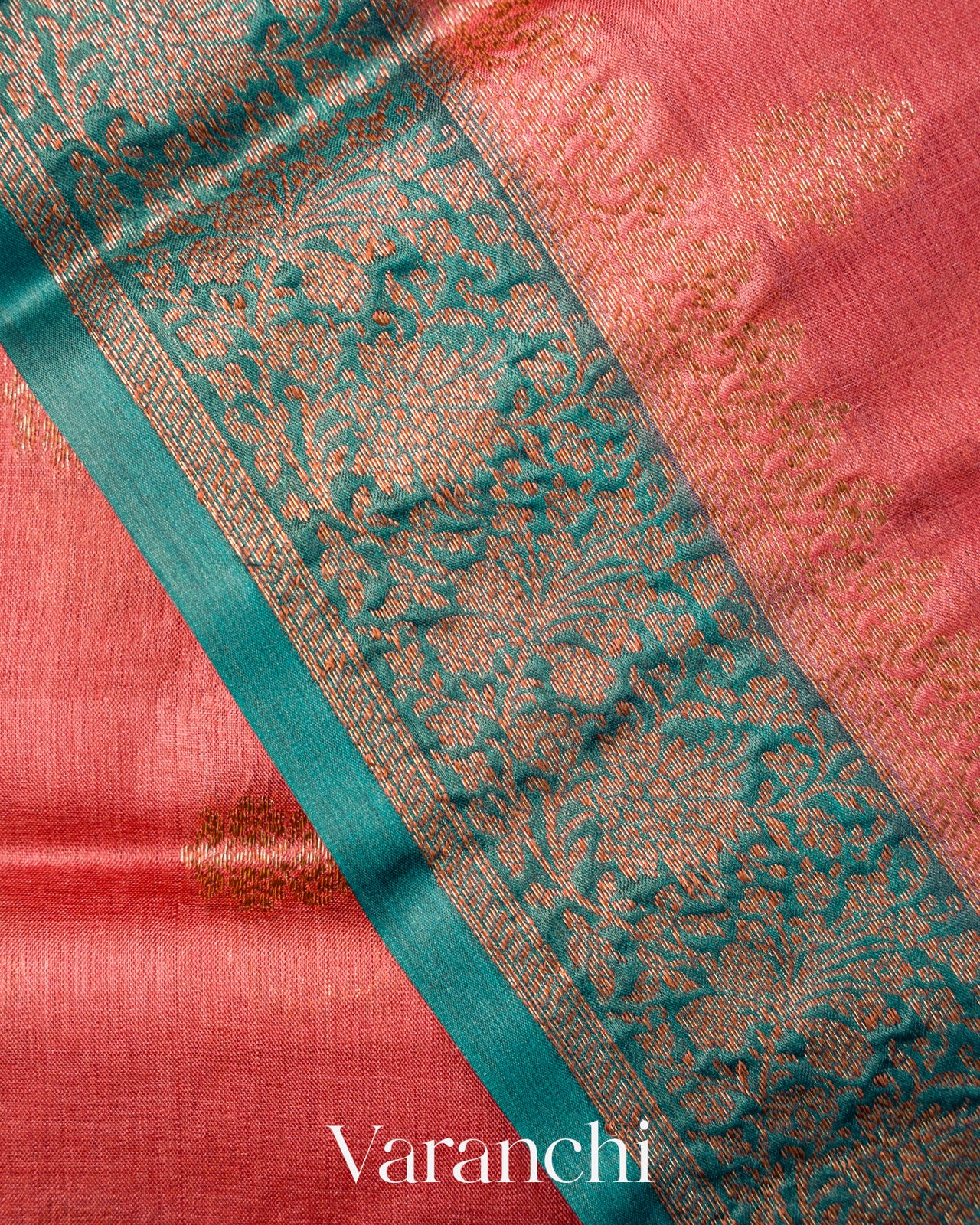 Coral Pink Pure Tussar Silk Saree