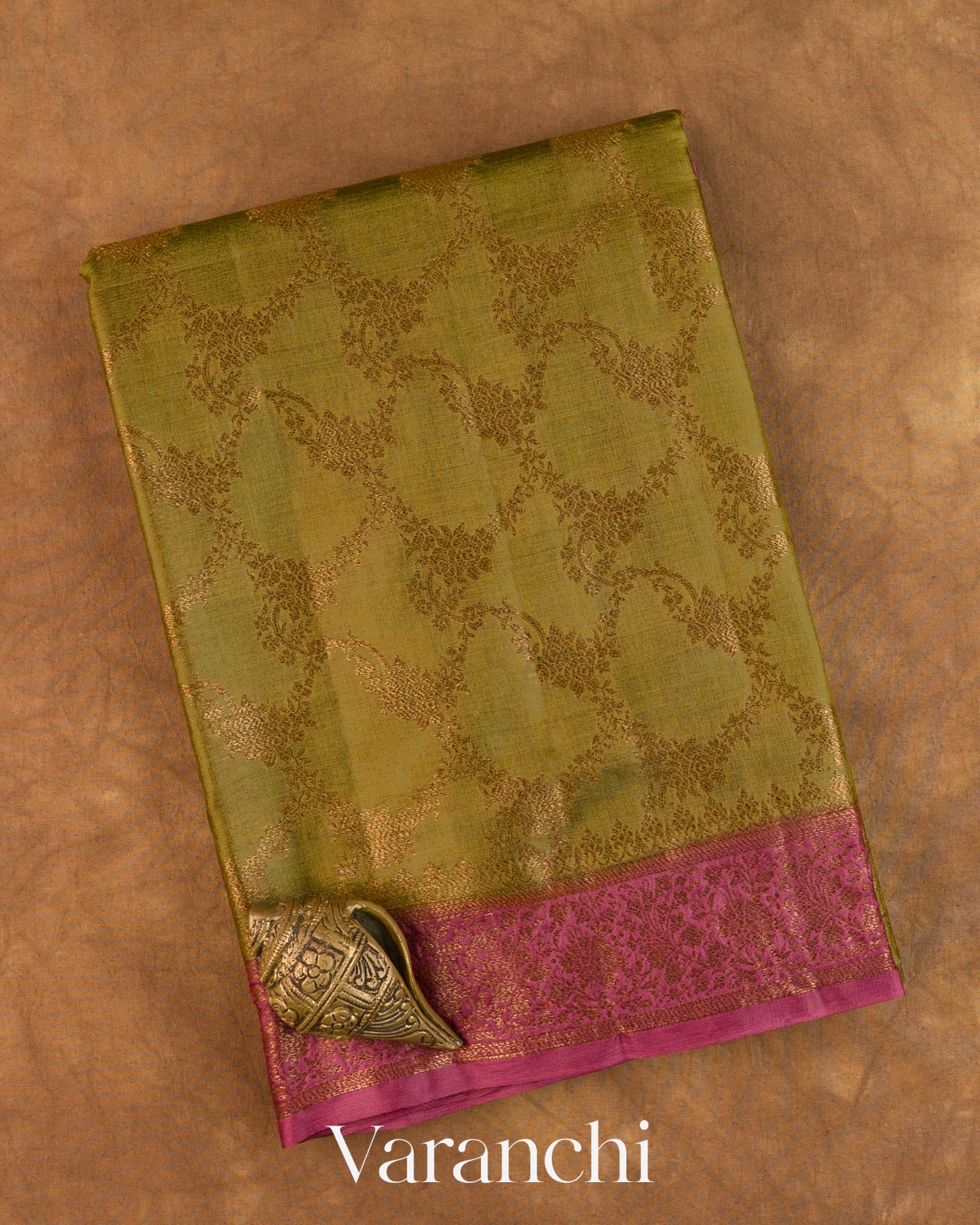 Olive Green Floral Jaal Pure Tussar Silk Saree