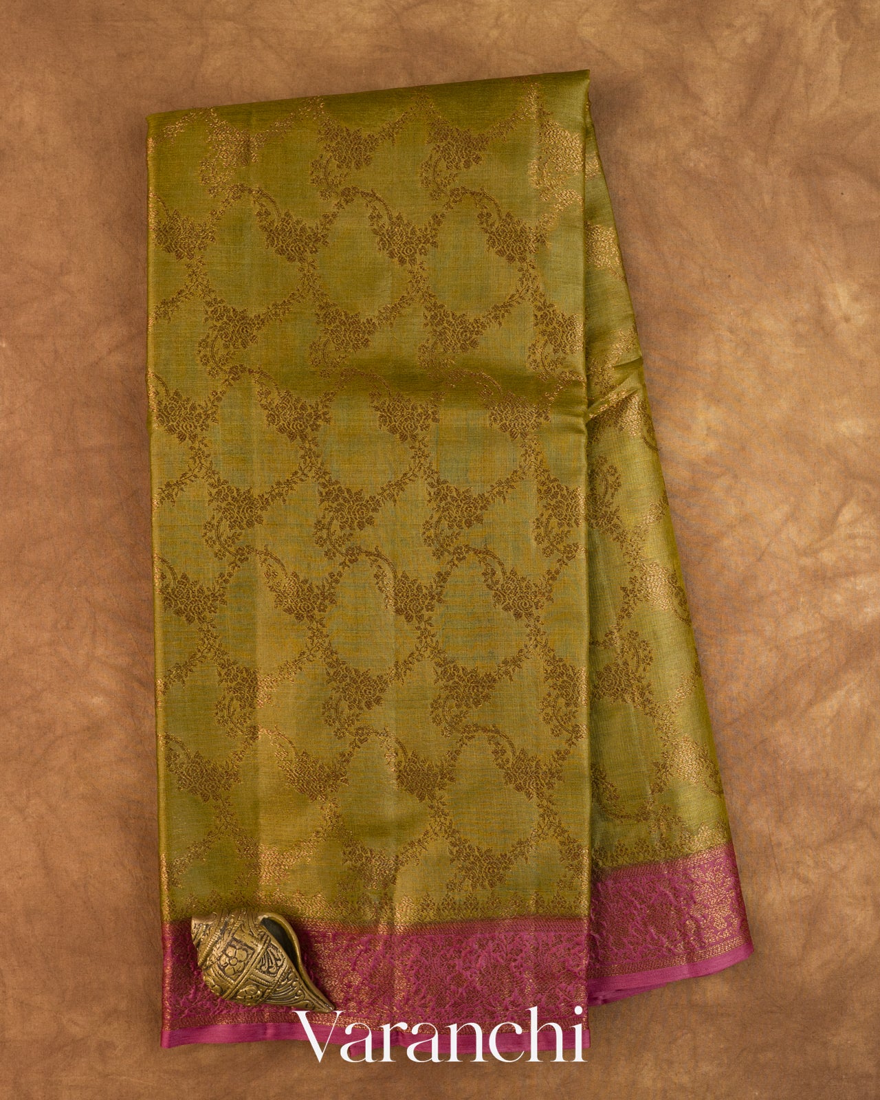 Olive Green Floral Jaal Pure Tussar Silk Saree