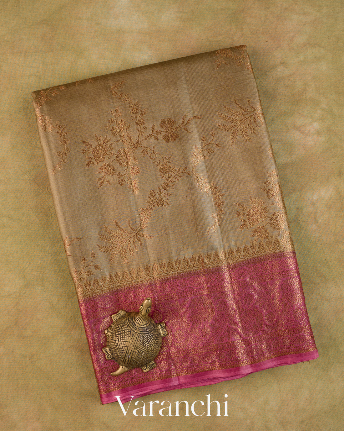 Taupe Beige Floral Jaal Pure Tussar Silk Saree