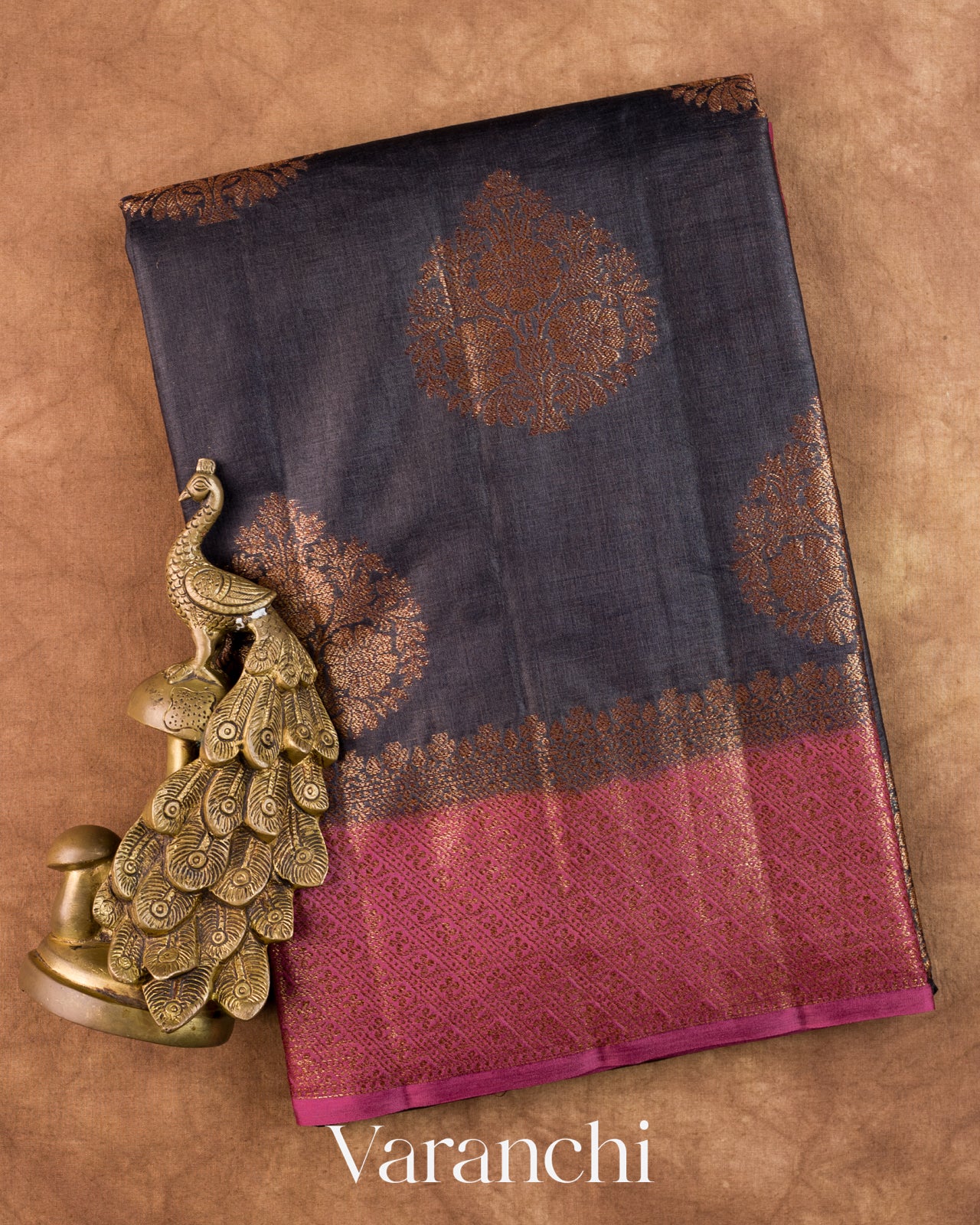 Dark Grey Pure Tussar Silk Saree