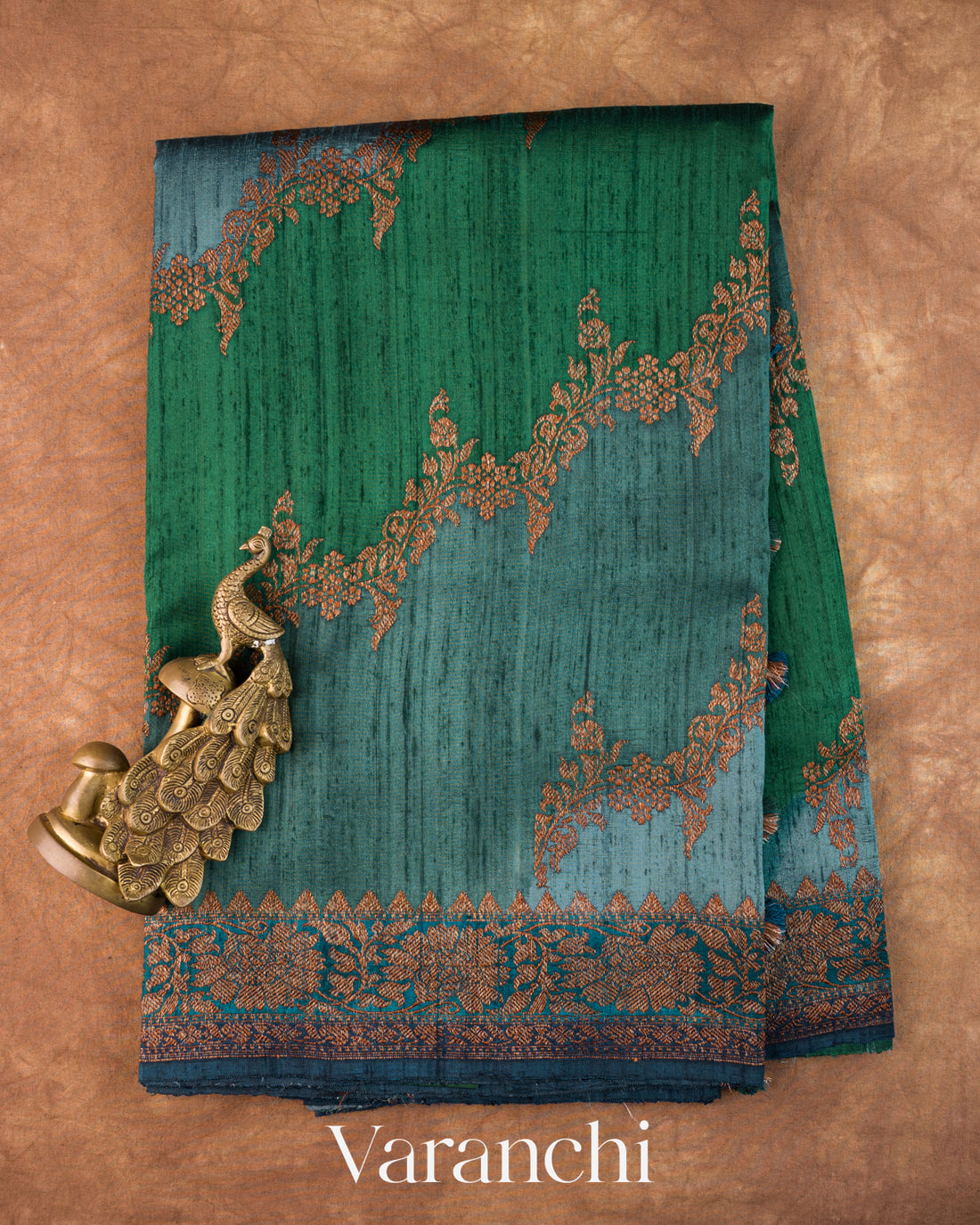 Teal Blue Tricolour Rangkaat Pure Raw Silk Handloom Saree