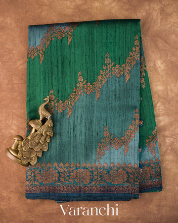 Teal Blue Tricolour Rangkaat Pure Raw Silk Handloom Saree