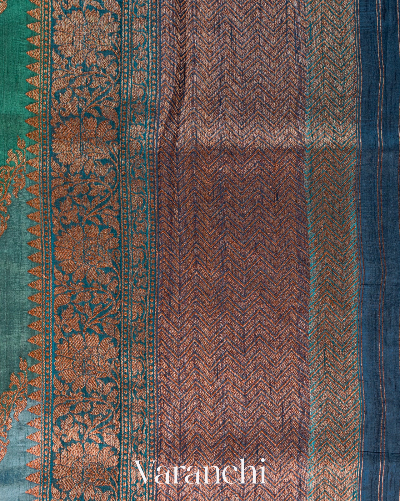 Teal Blue Tricolour Rangkaat Pure Raw Silk Handloom Saree