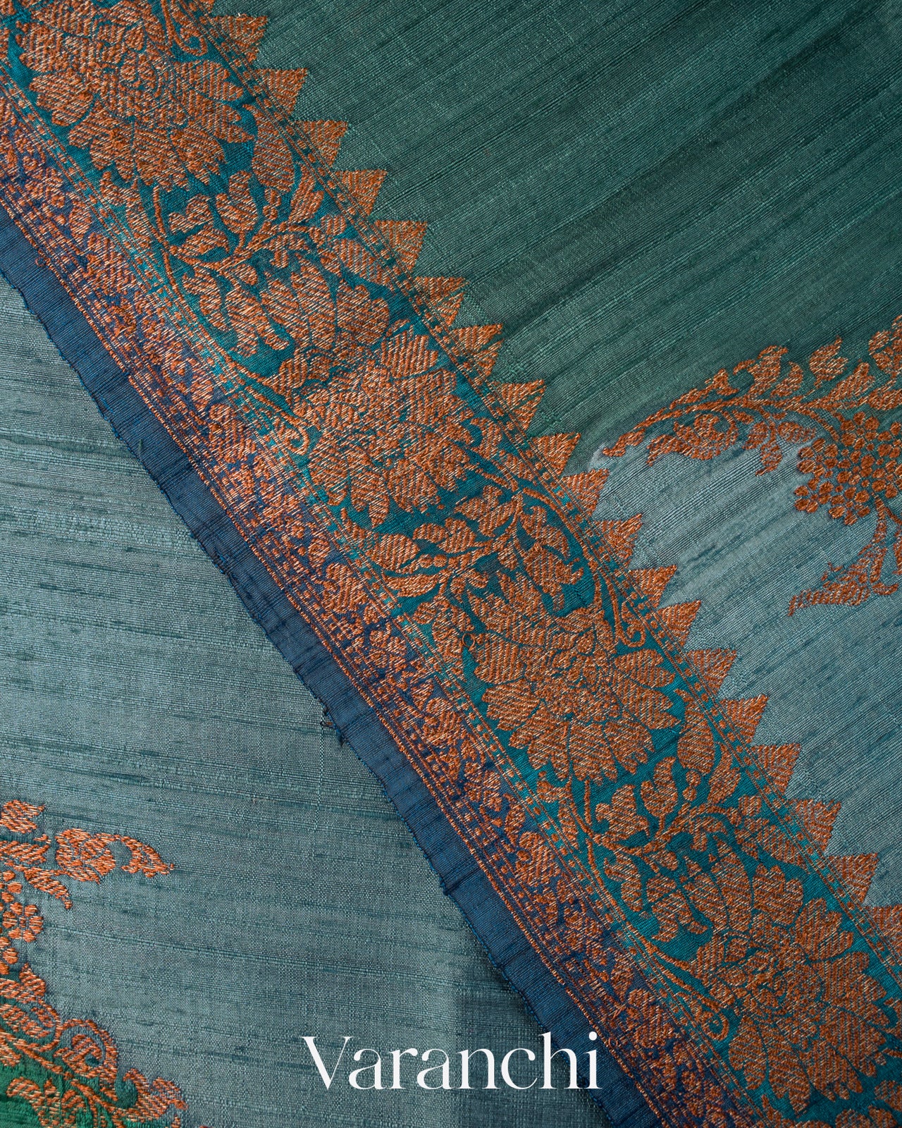 Teal Blue Tricolour Rangkaat Pure Raw Silk Handloom Saree