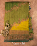 Olive Green Tricolour Lehariya Pure Raw Silk Handloom Saree