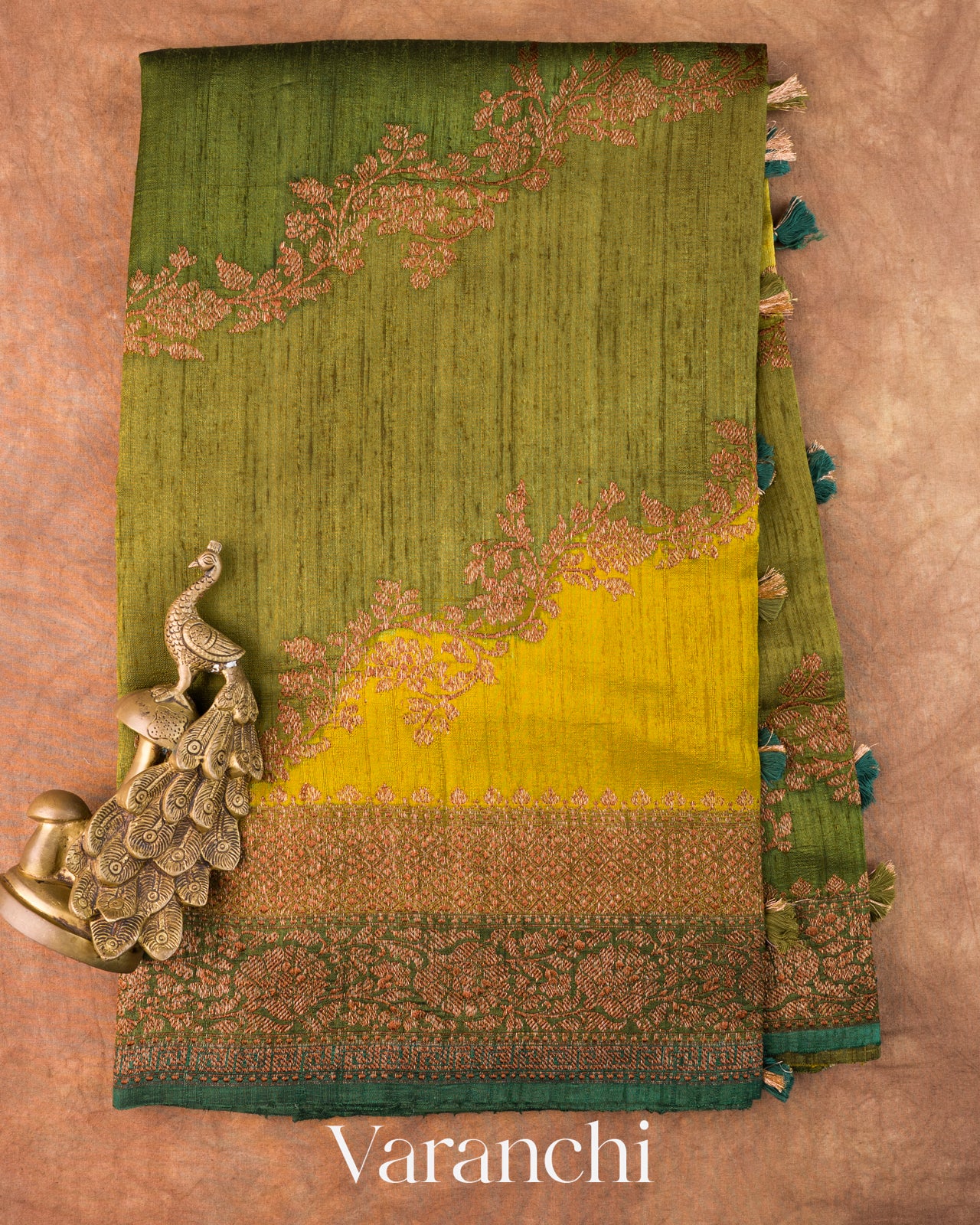 Olive Green Tricolour Lehariya Pure Raw Silk Handloom Saree