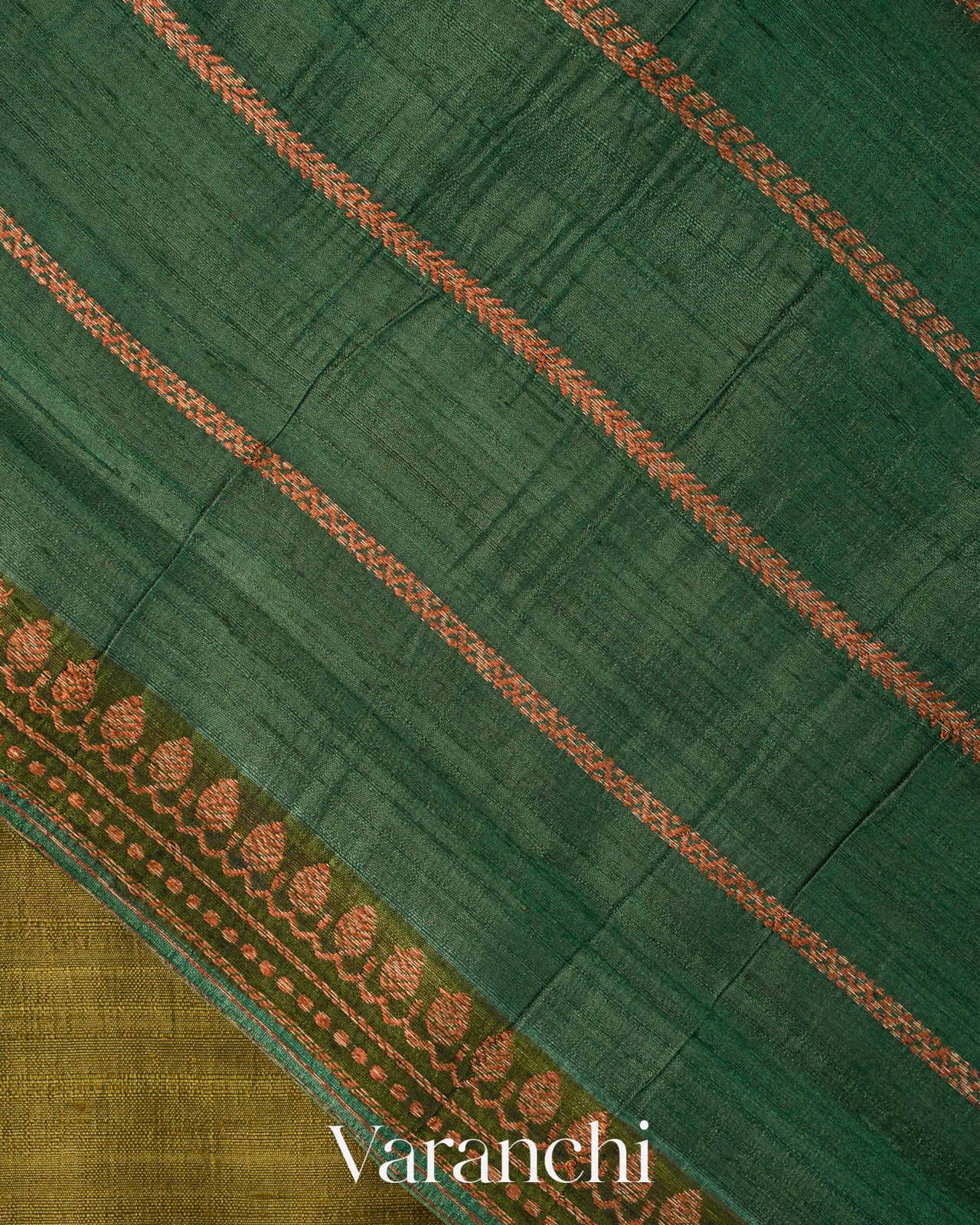 Olive Green Tricolour Lehariya Pure Raw Silk Handloom Saree