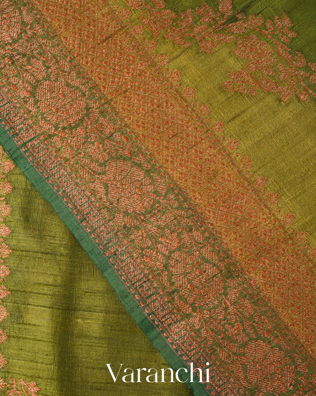 Olive Green Tricolour Lehariya Pure Raw Silk Handloom Saree