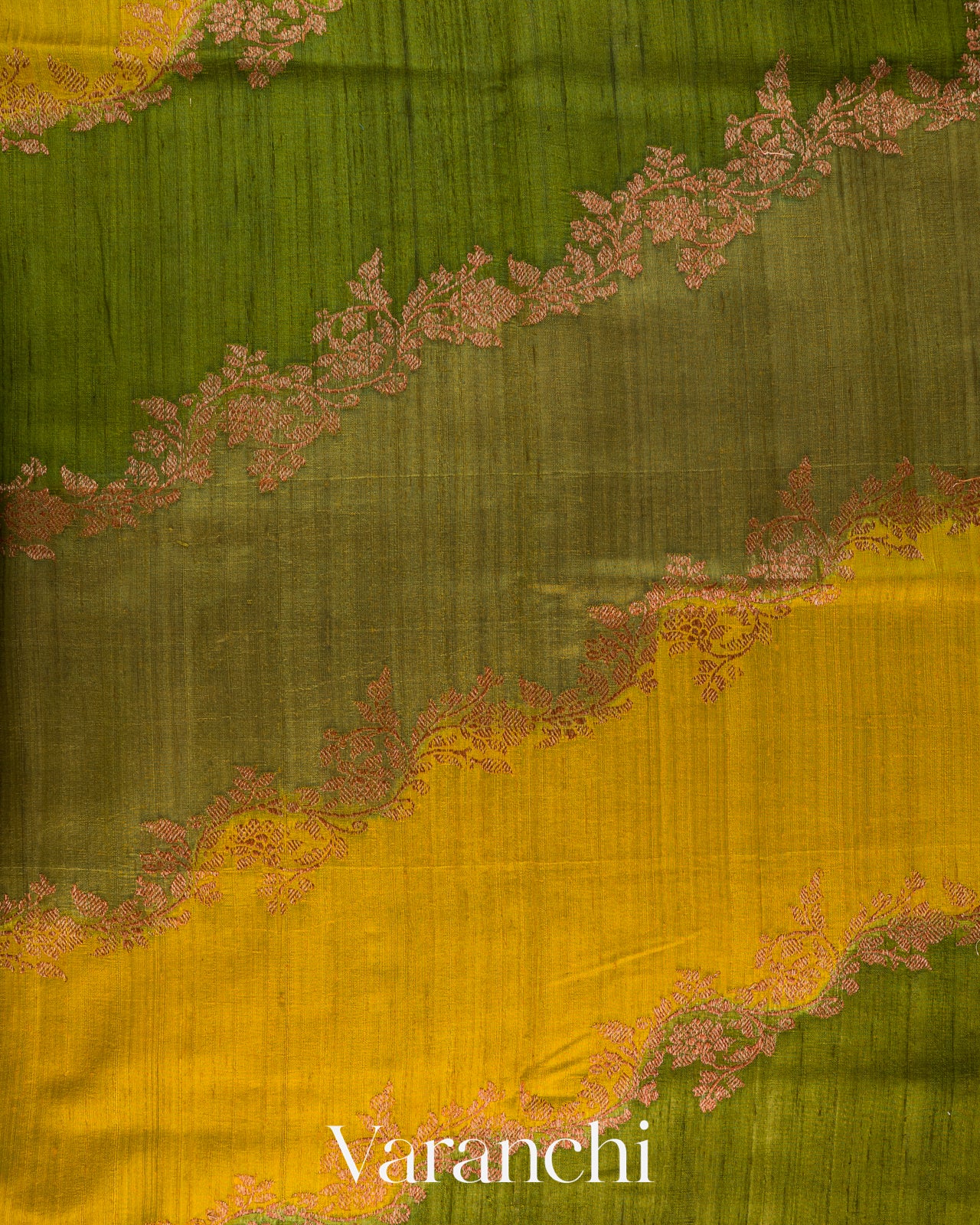 Olive Green Tricolour Lehariya Pure Raw Silk Handloom Saree
