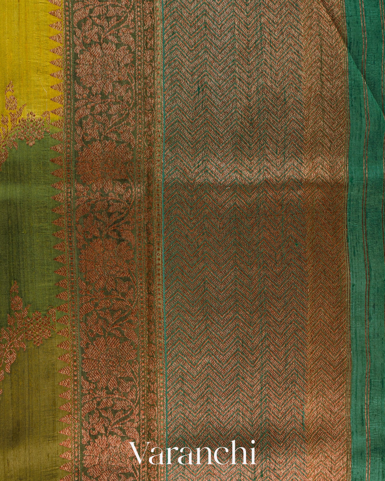 Olive Green Tricolour Rangkaat Pure Raw Silk Handloom Saree
