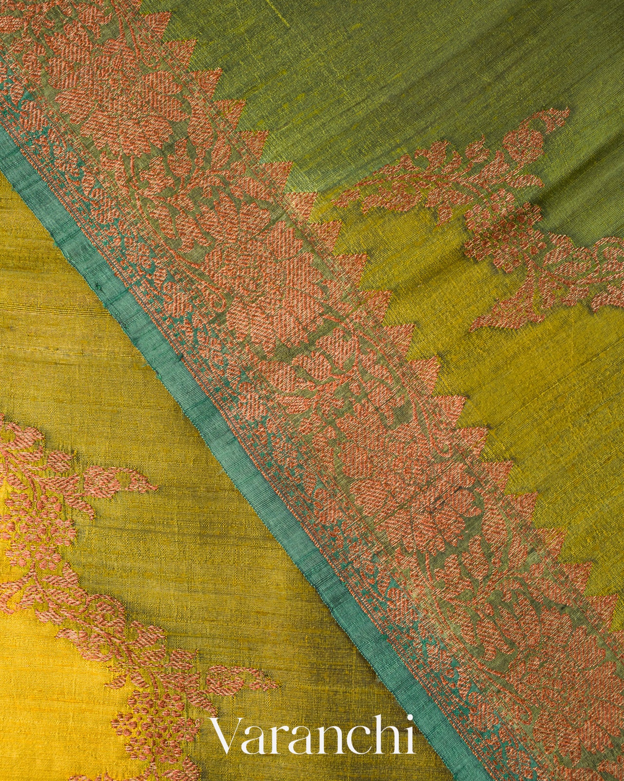 Olive Green Tricolour Rangkaat Pure Raw Silk Handloom Saree