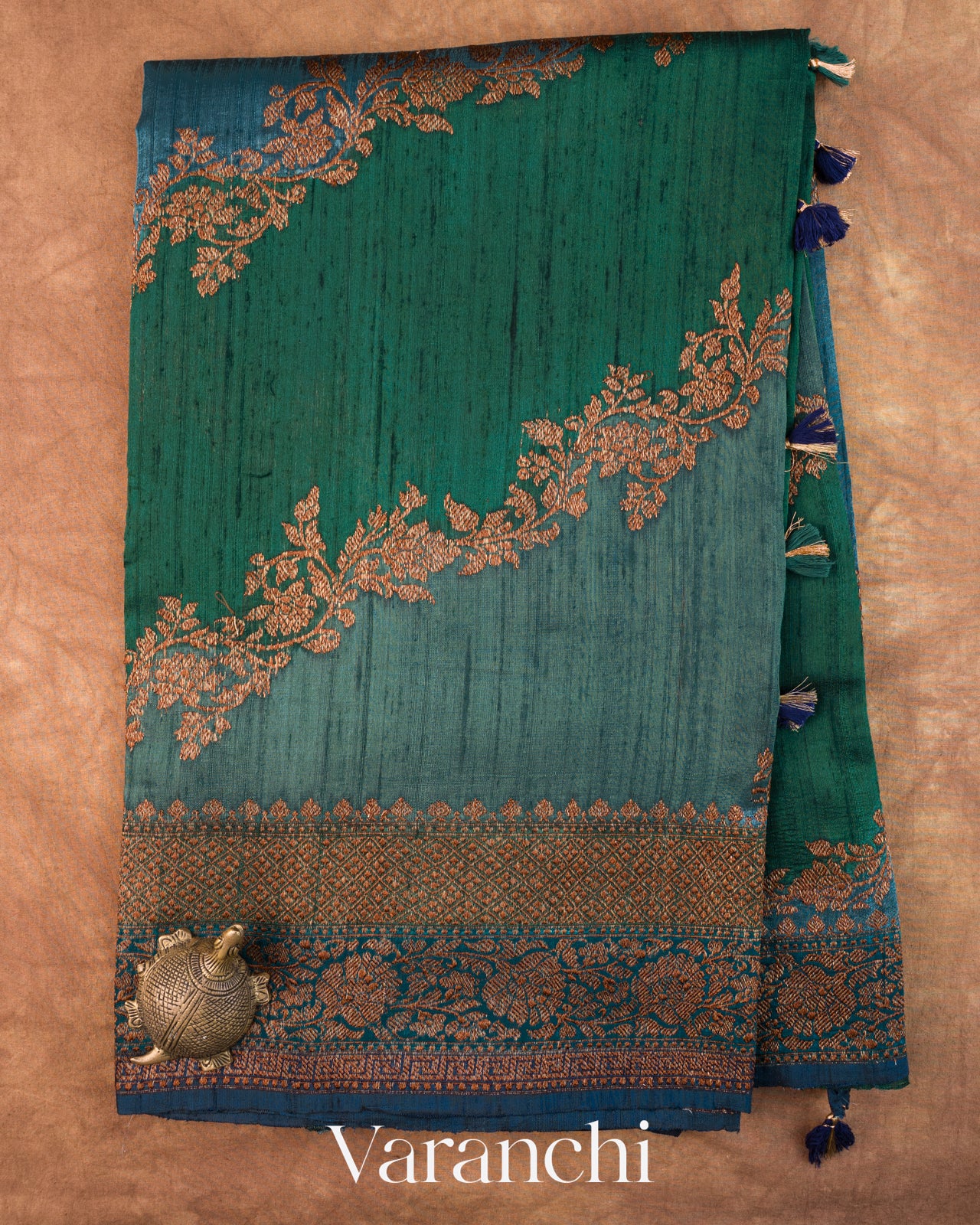 Green and Blue Tricolour Rangkaat Pure Raw Silk Handloom Saree