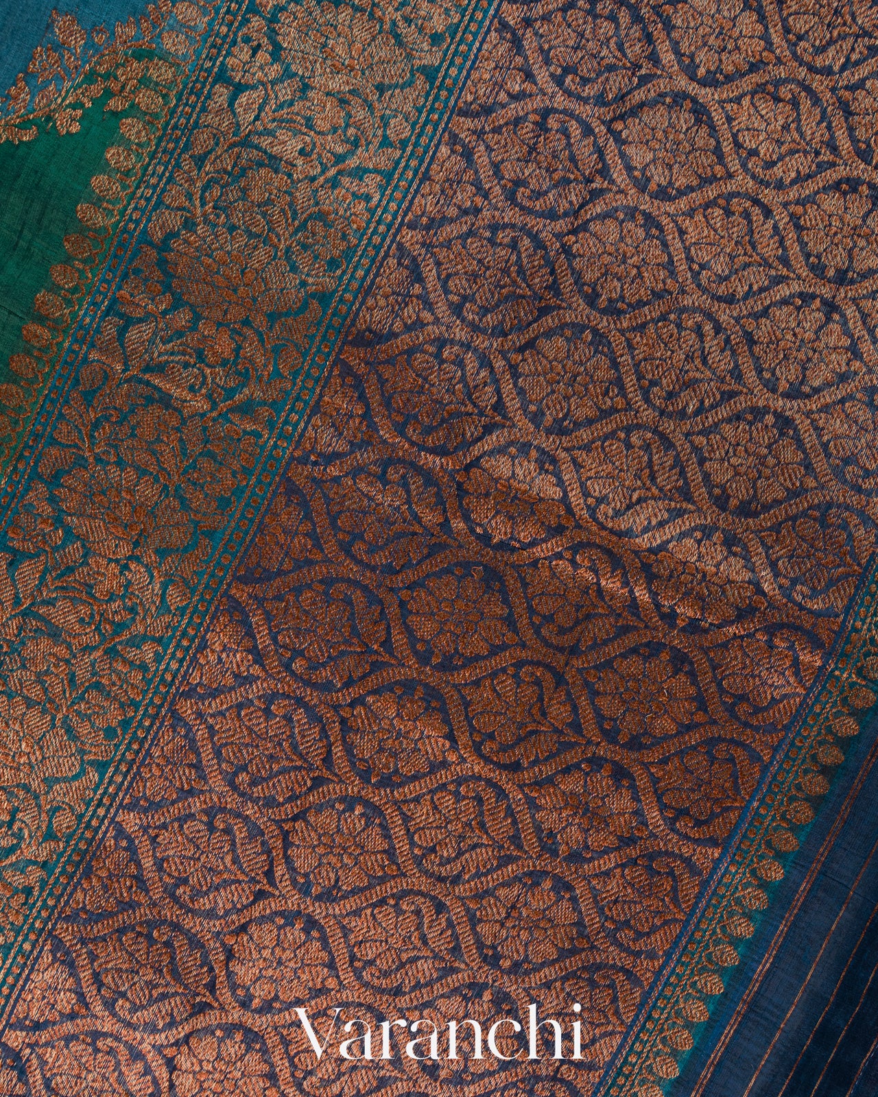 Green and Blue Tricolour Rangkaat Pure Raw Silk Handloom Saree