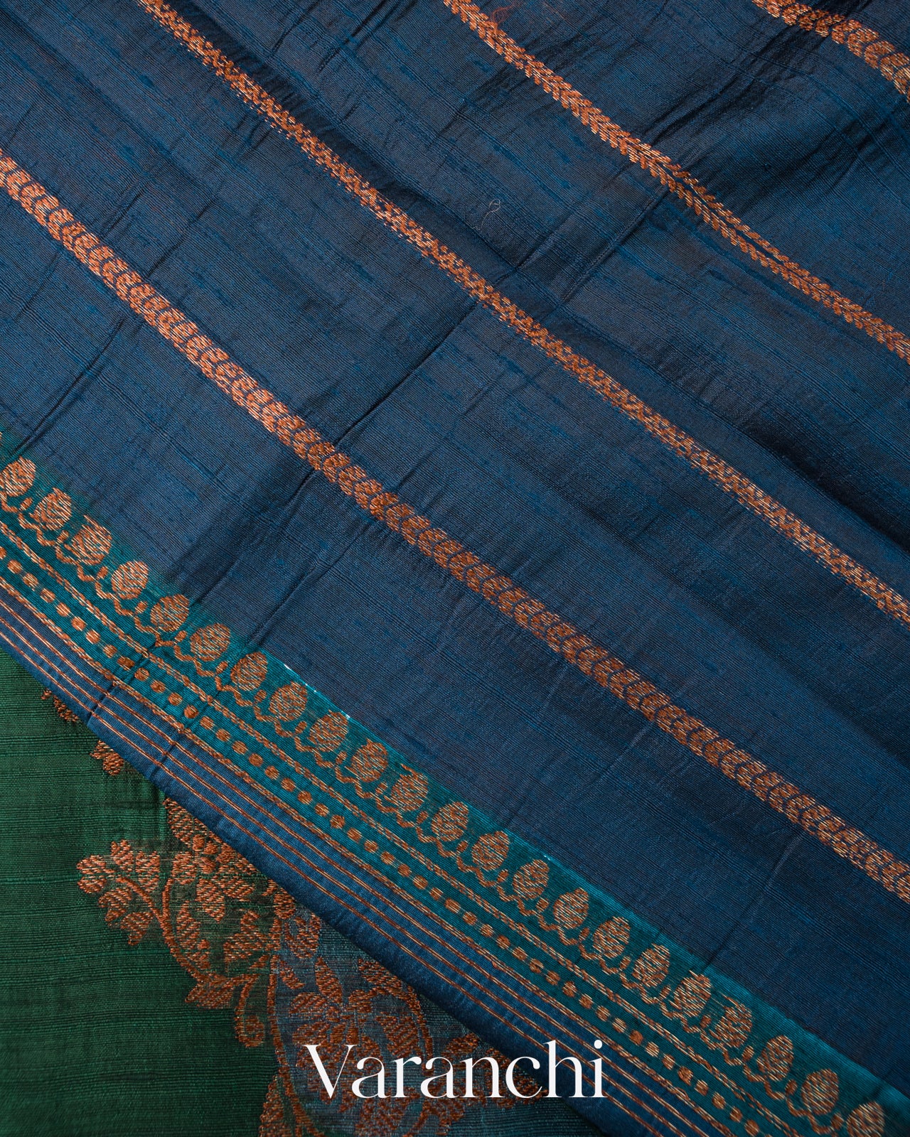 Green and Blue Tricolour Rangkaat Pure Raw Silk Handloom Saree
