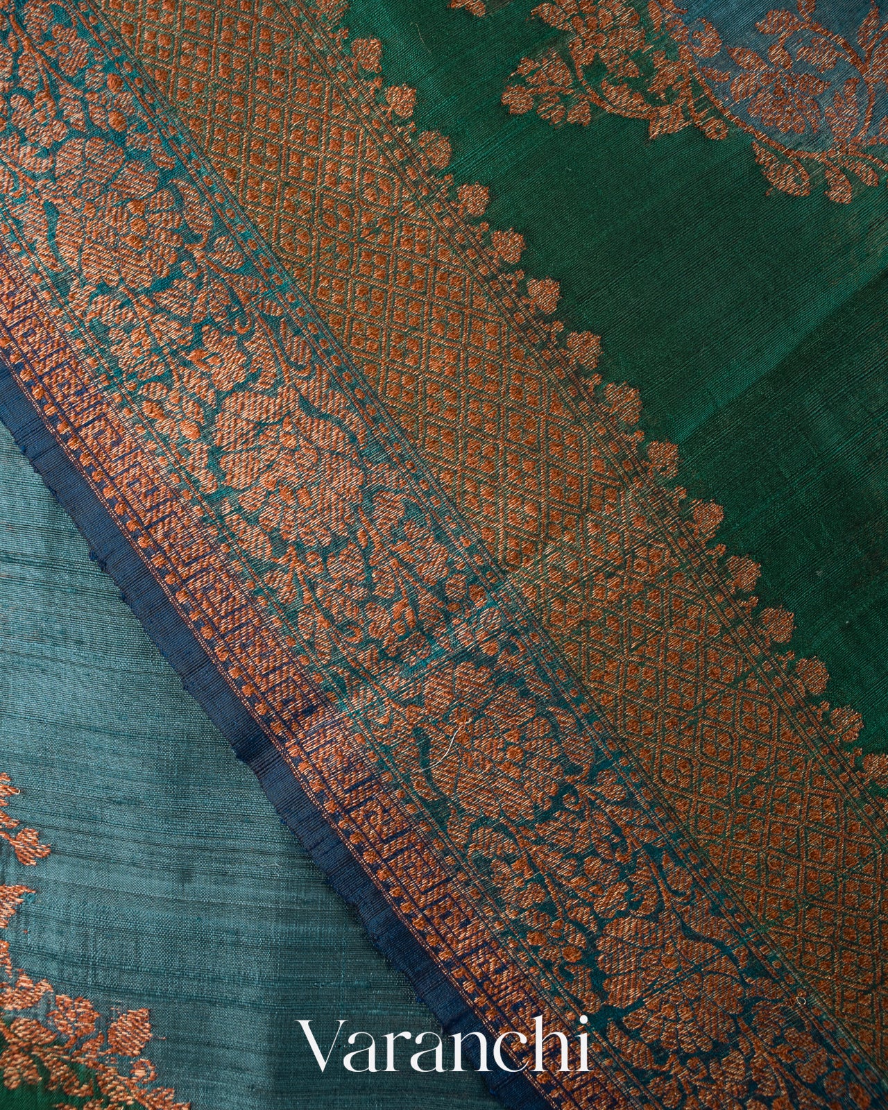 Green and Blue Tricolour Rangkaat Pure Raw Silk Handloom Saree