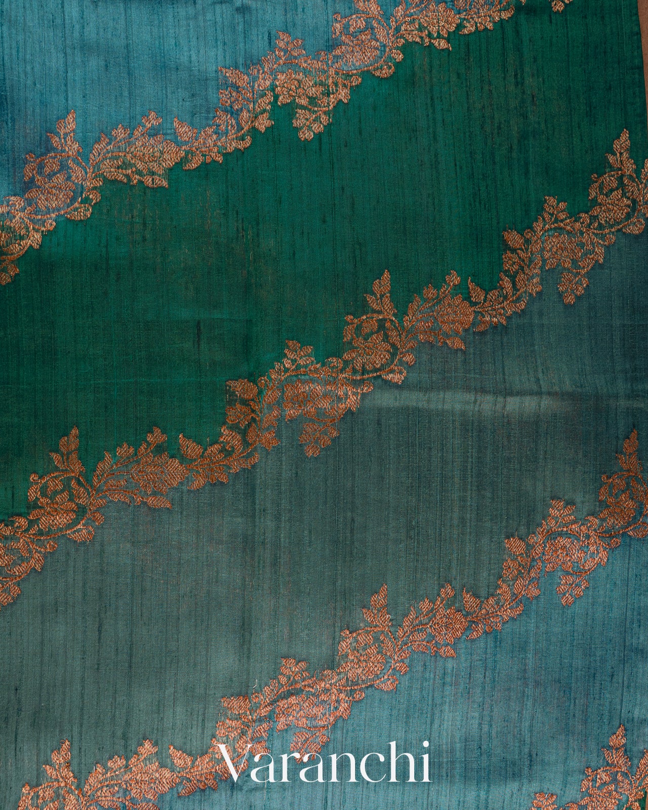 Green and Blue Tricolour Rangkaat Pure Raw Silk Handloom Saree