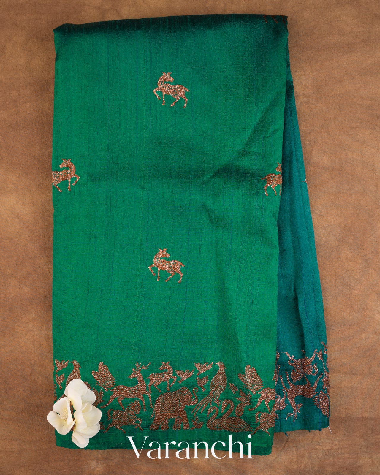 Peacock Green Ombre-Dyed Pure Raw Silk Handloom Saree