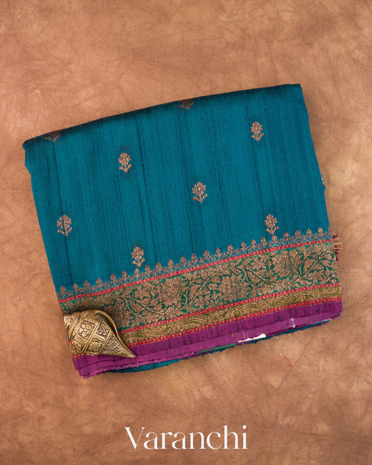 Peacock Blue Tricolour Bordered Pure Raw Silk Handloom Saree