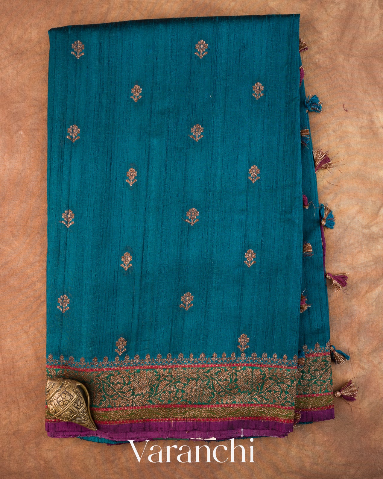 Peacock Blue Tricolour Bordered Pure Raw Silk Handloom Saree
