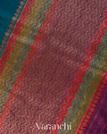 Peacock Blue Tricolour Bordered Pure Raw Silk Handloom Saree
