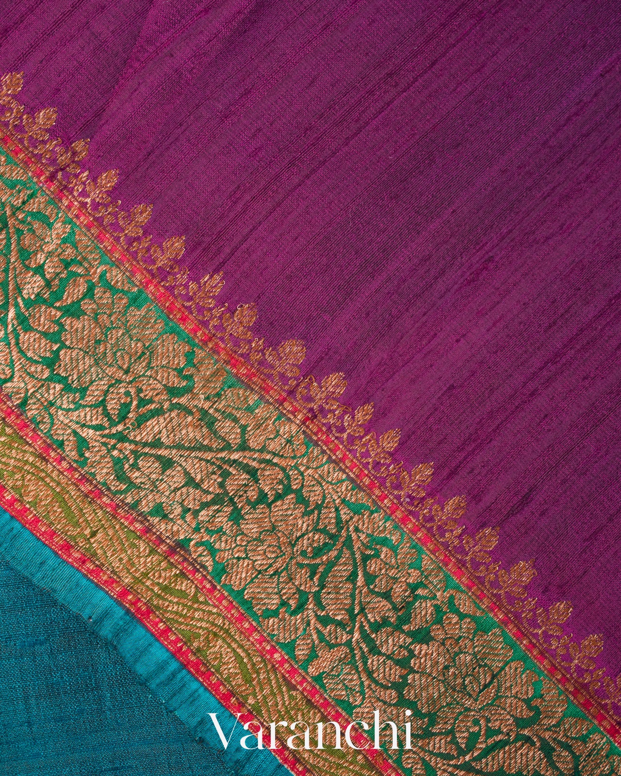Peacock Blue Tricolour Bordered Pure Raw Silk Handloom Saree