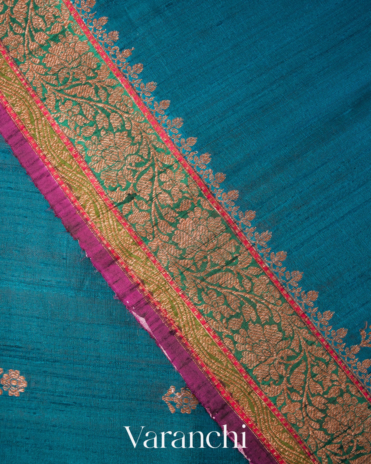 Peacock Blue Tricolour Bordered Pure Raw Silk Handloom Saree
