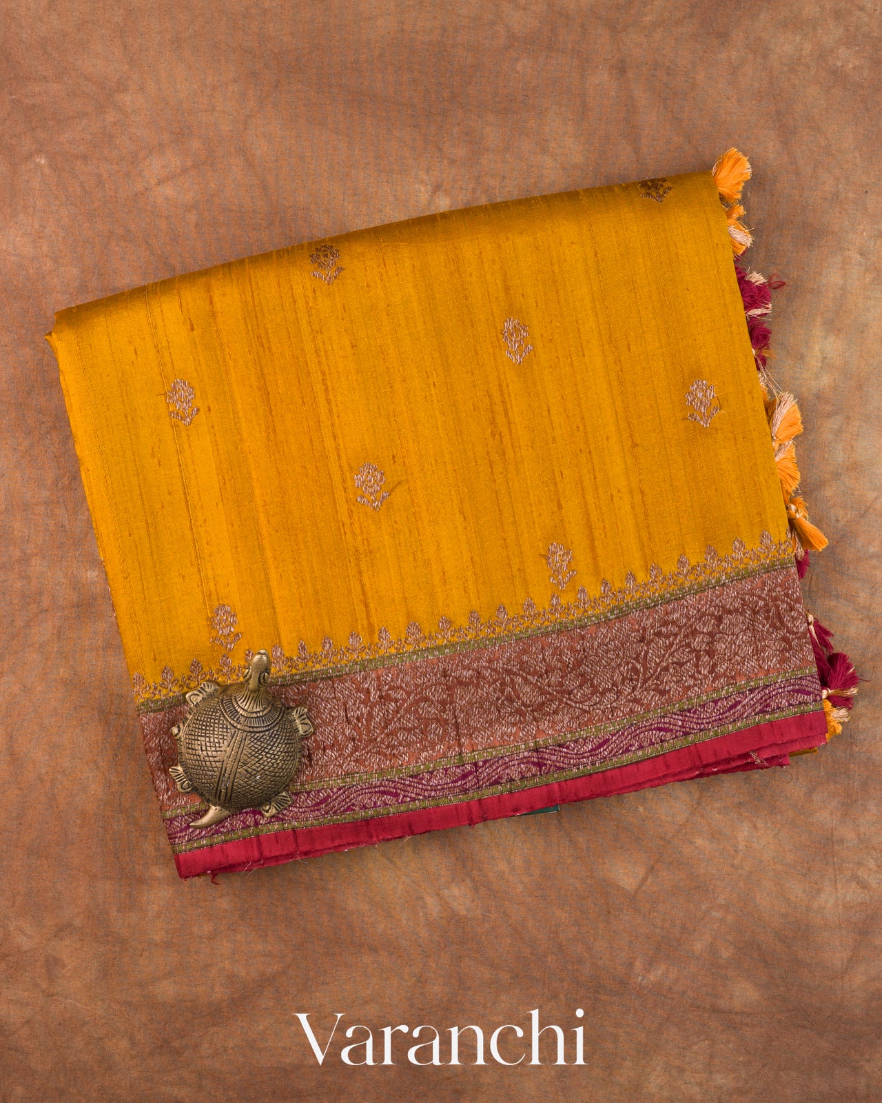 Mustard Yellow Tricolour Bordered Pure Raw Silk Handloom Saree