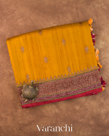 Mustard Yellow Tricolour Bordered Pure Raw Silk Handloom Saree