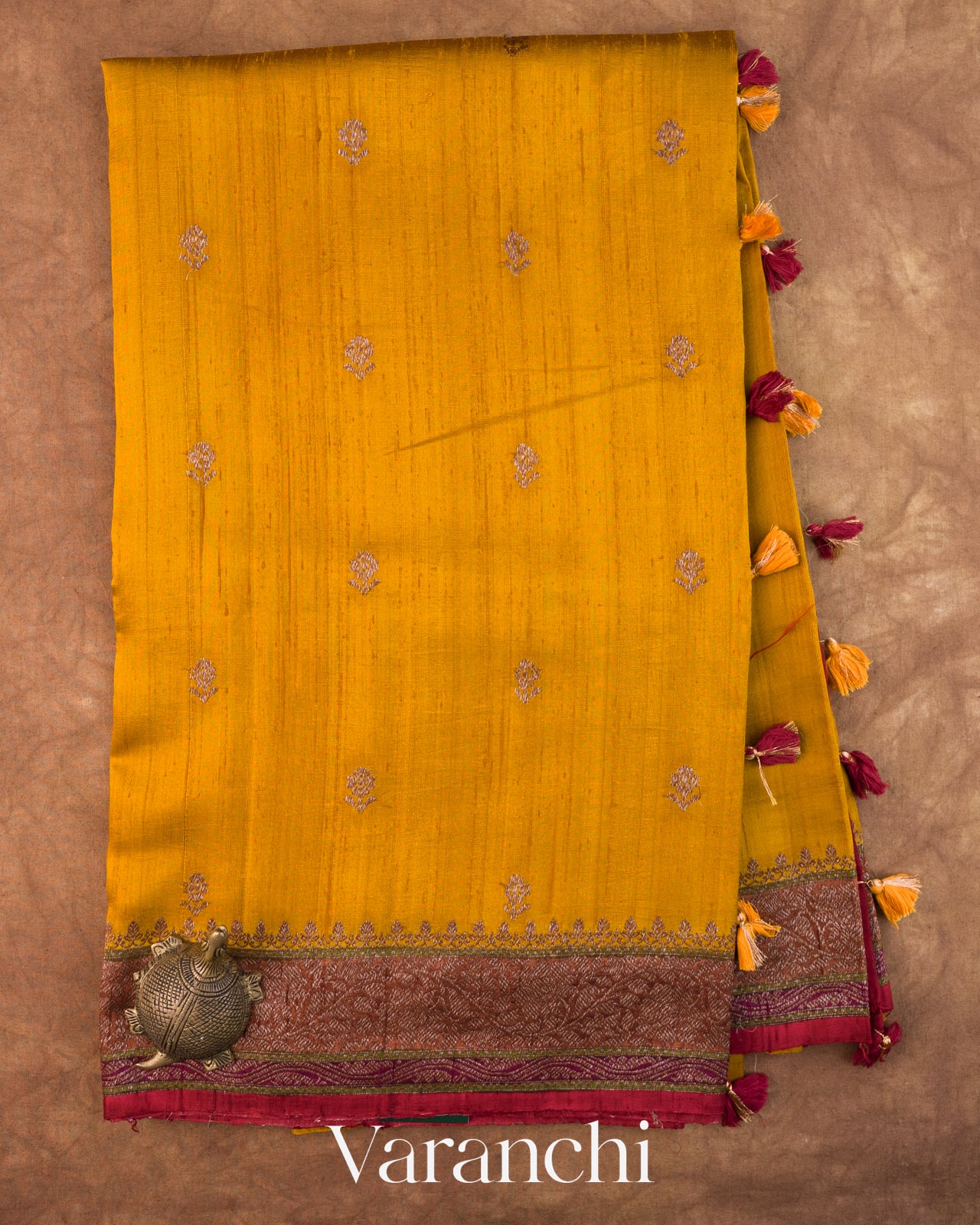 Mustard Yellow Tricolour Bordered Pure Raw Silk Handloom Saree
