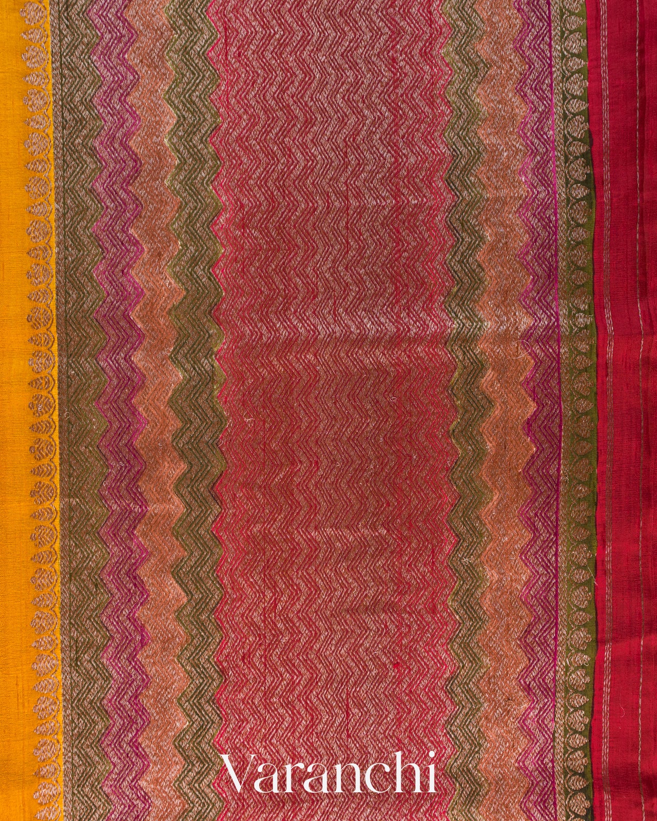 Mustard Yellow Tricolour Bordered Pure Raw Silk Handloom Saree