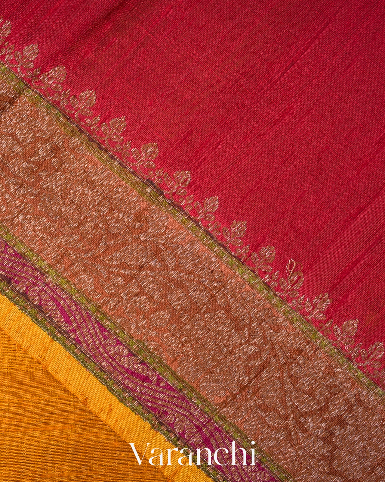 Mustard Yellow Tricolour Bordered Pure Raw Silk Handloom Saree