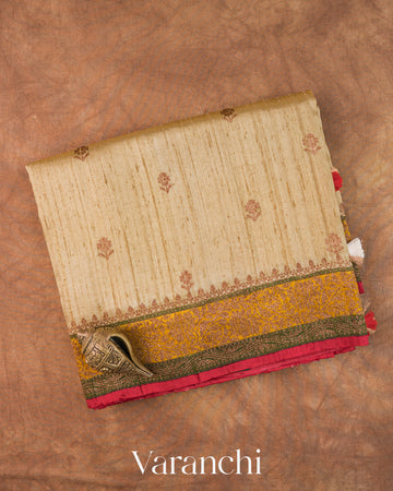 Beige Tricolor Bordered Pure Raw Silk Handloom Saree