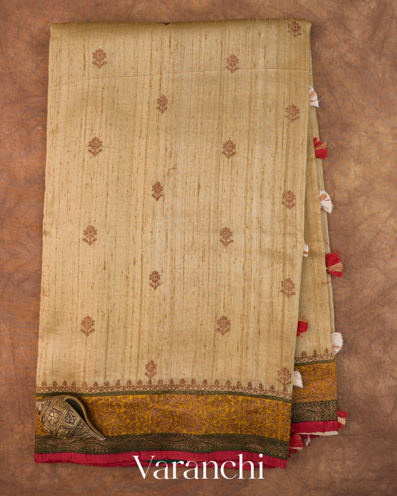 Beige Tricolor Bordered Pure Raw Silk Handloom Saree