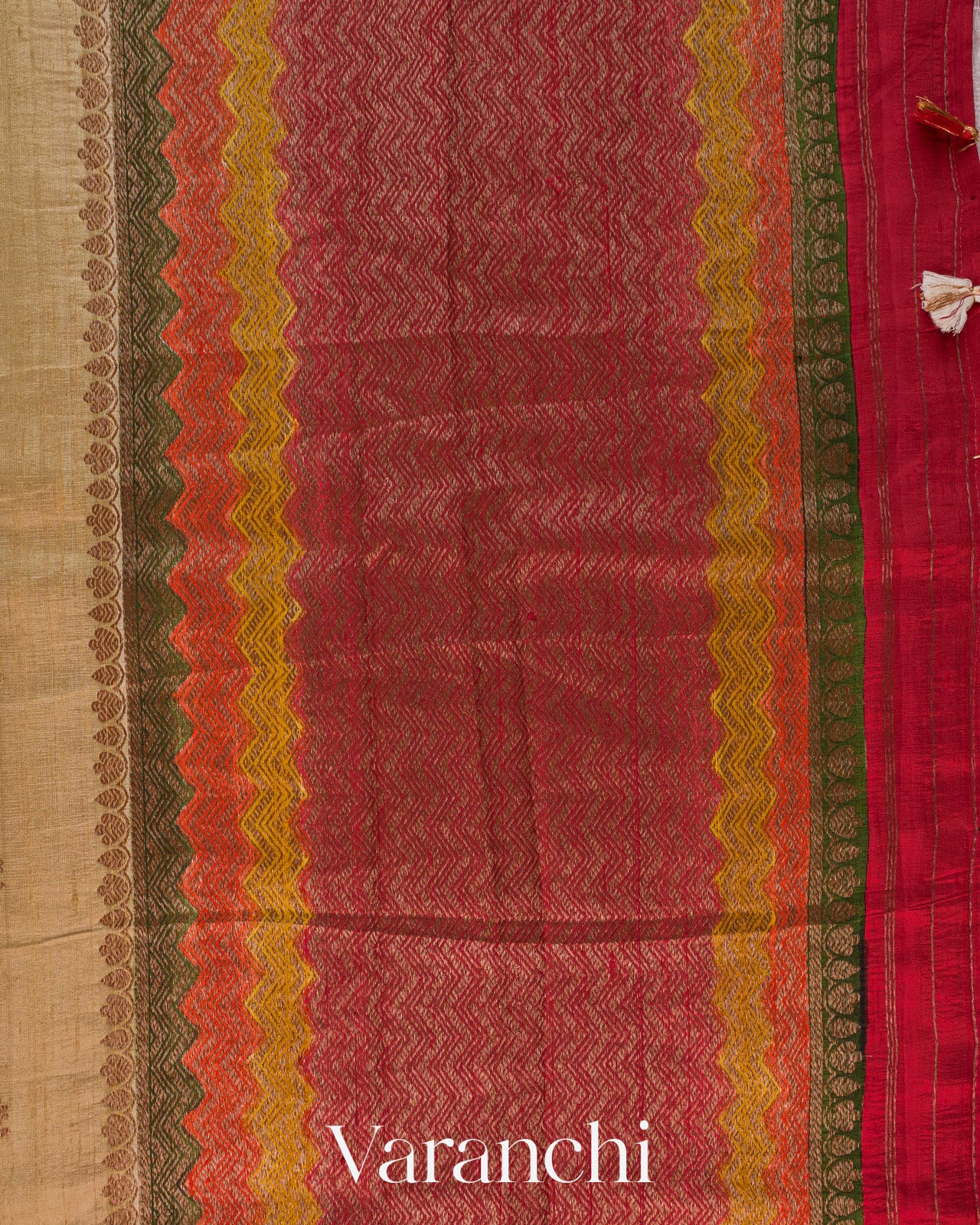 Beige Tricolor Bordered Pure Raw Silk Handloom Saree