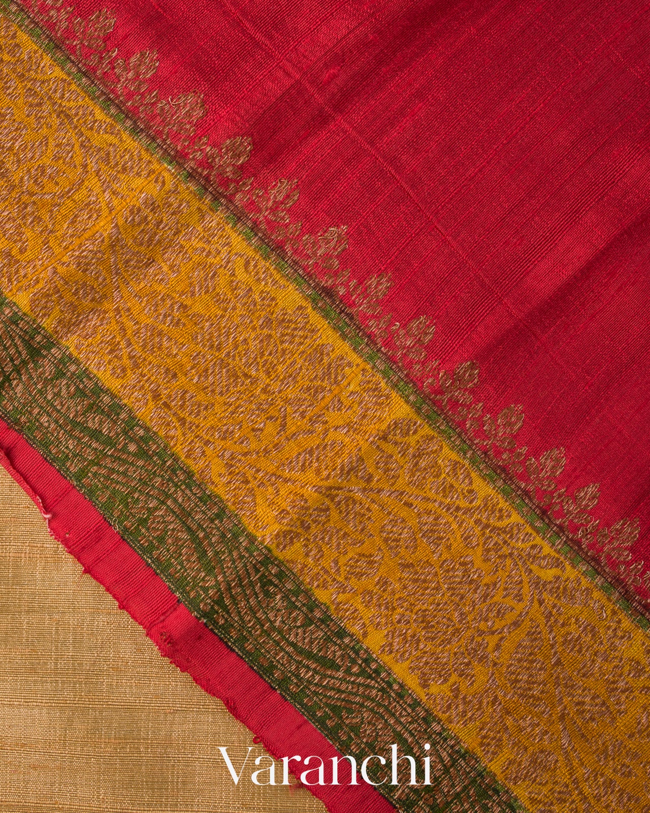 Beige Tricolor Bordered Pure Raw Silk Handloom Saree
