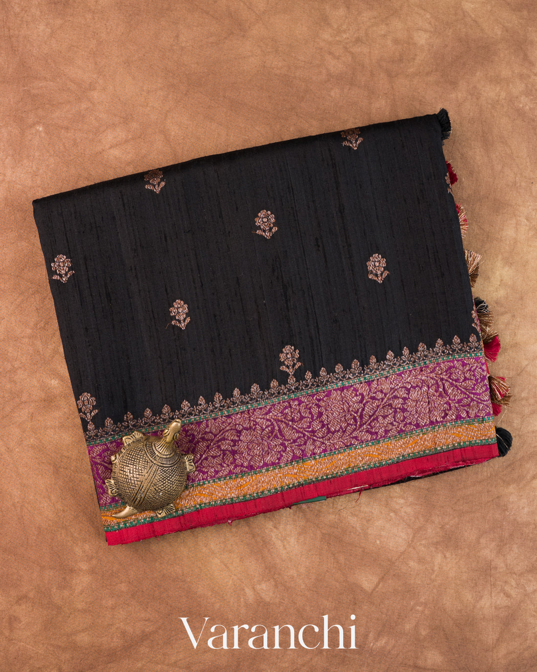 Black Tricolour Bordered Pure Raw Silk Handloom Saree