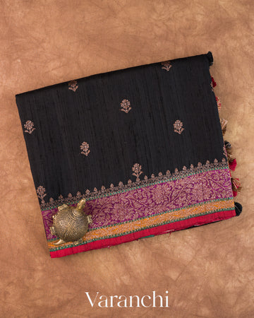 Black Tricolour Bordered Pure Raw Silk Handloom Saree