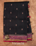 Black Tricolour Bordered Pure Raw Silk Handloom Saree