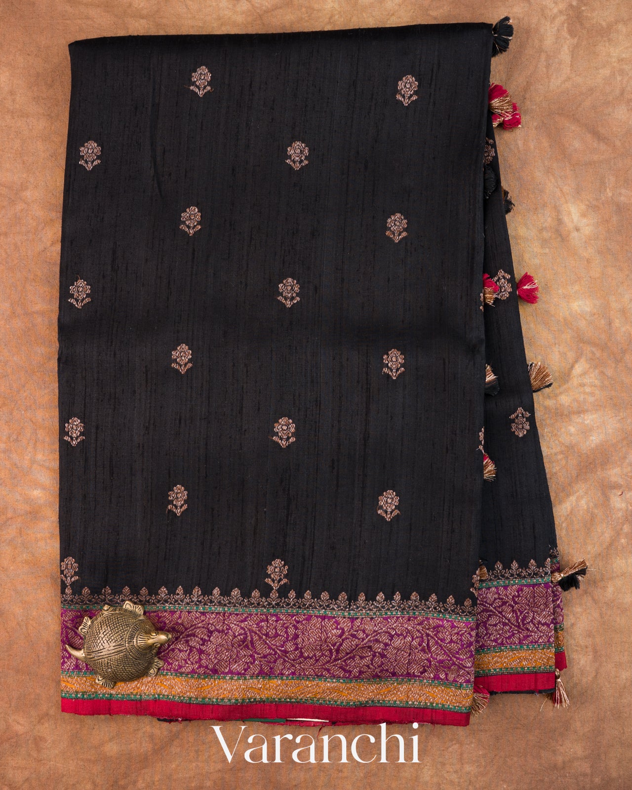 Black Tricolour Bordered Pure Raw Silk Handloom Saree