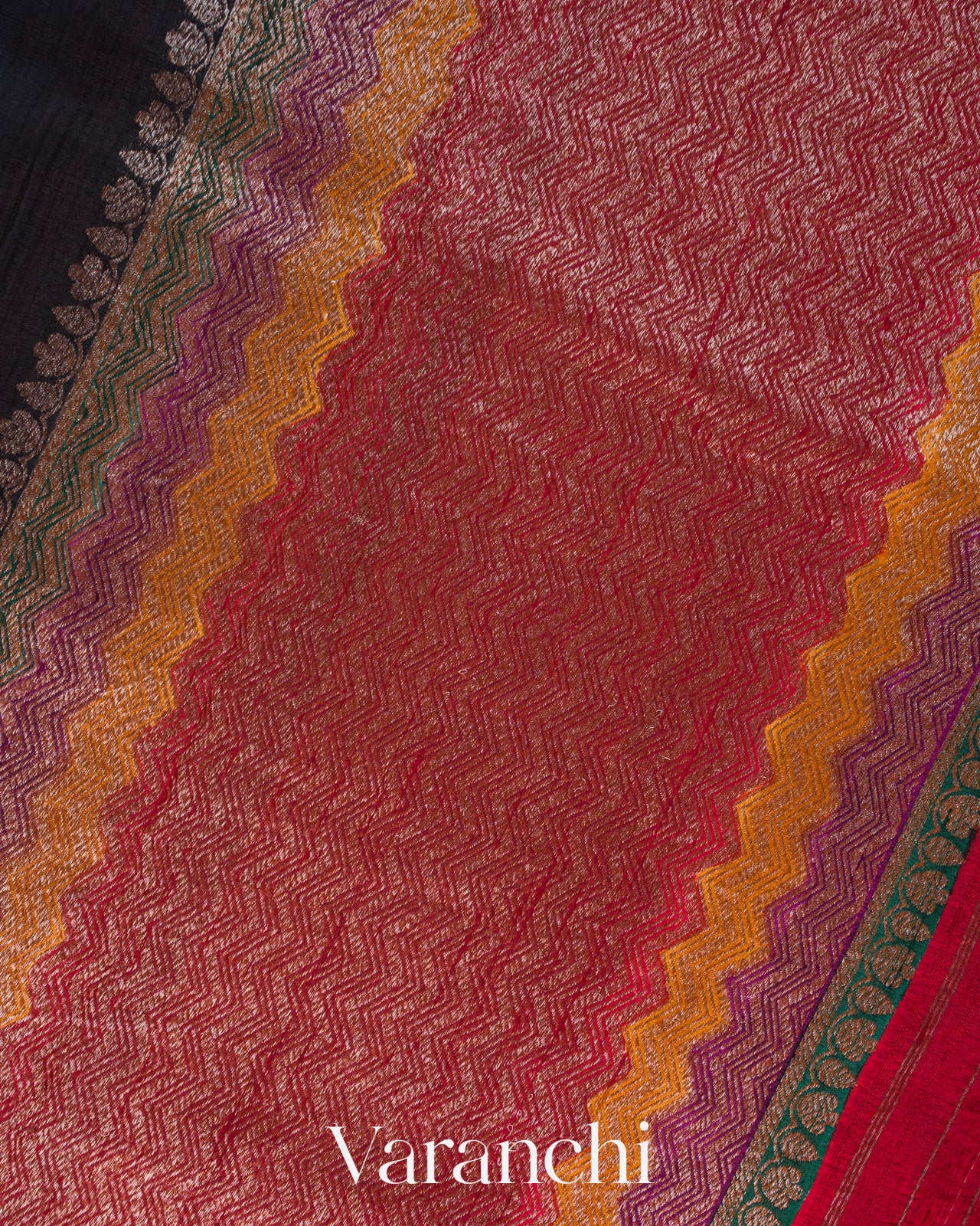 Black Tricolour Bordered Pure Raw Silk Handloom Saree