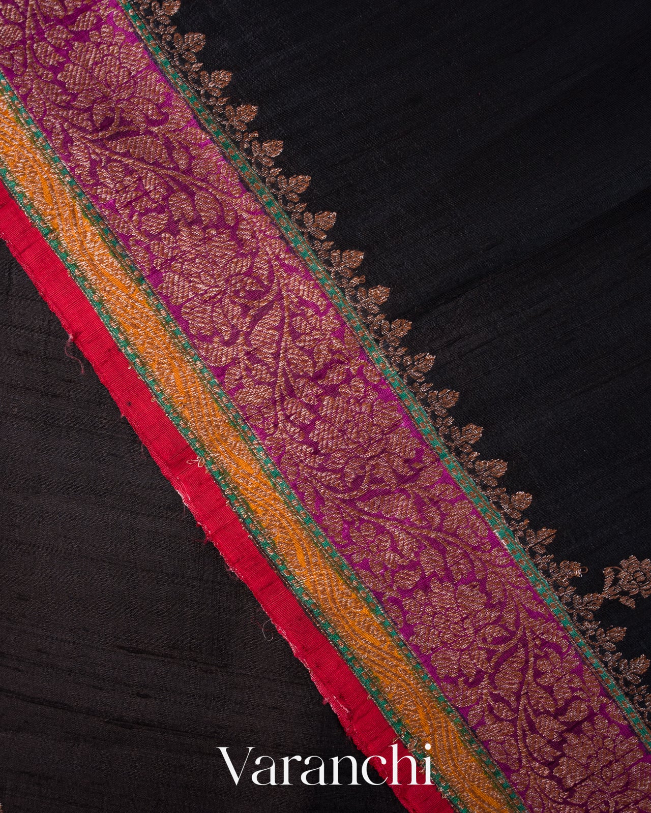 Black Tricolour Bordered Pure Raw Silk Handloom Saree