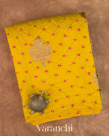 Olive Yellow Bandhani Pure Chiniya Silk Saree