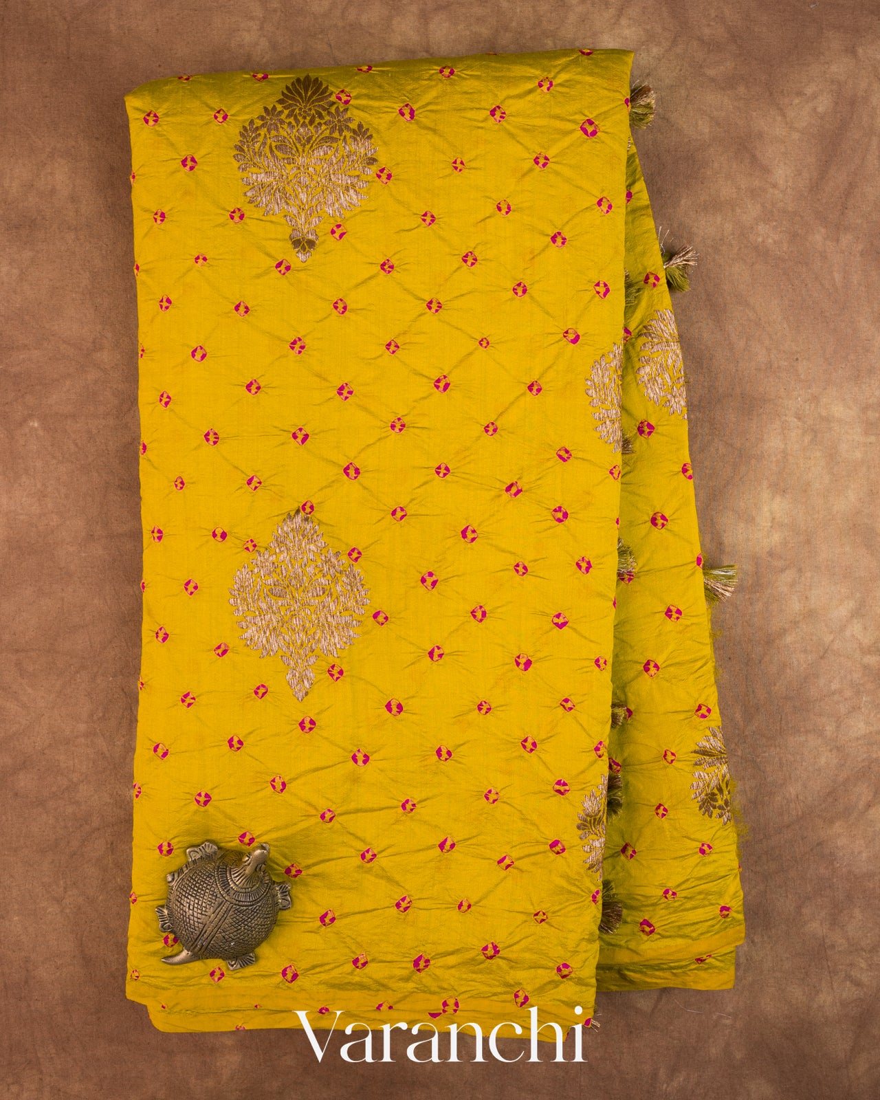Olive Yellow Bandhani Pure Chiniya Silk Saree