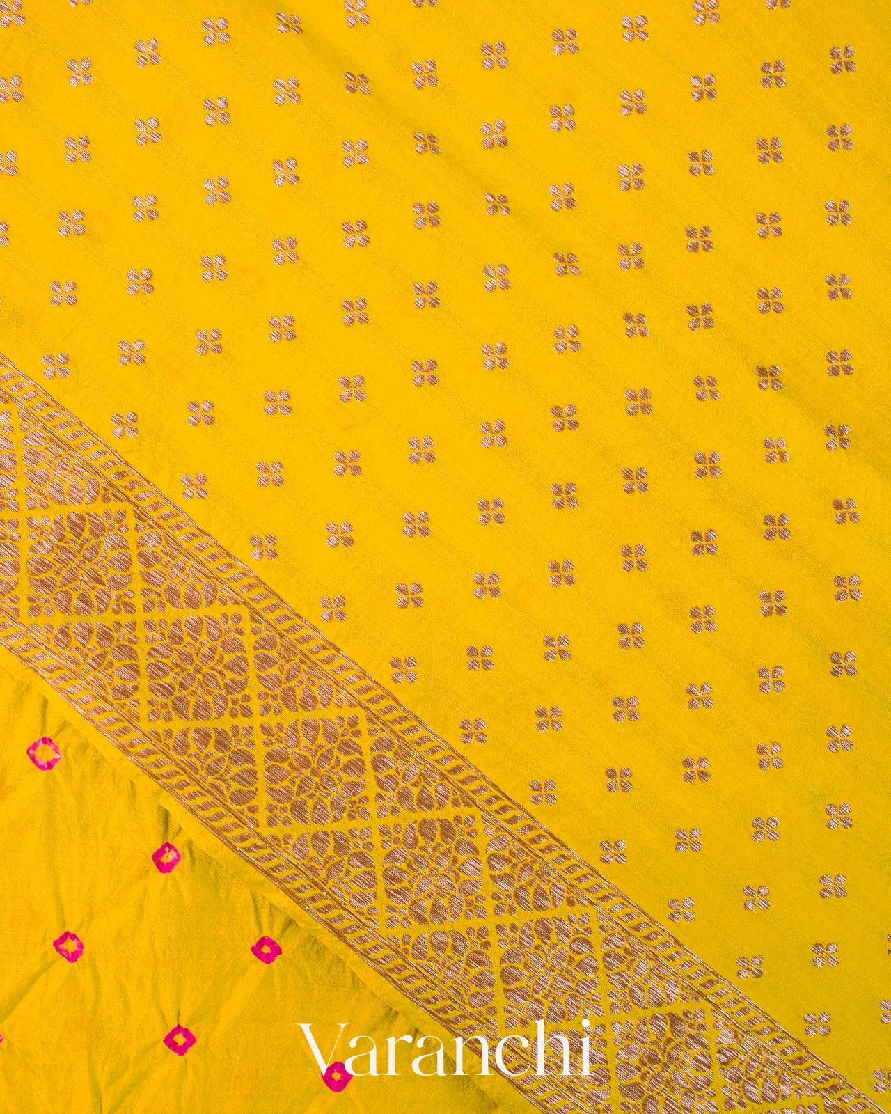 Olive Yellow Bandhani Pure Chiniya Silk Saree