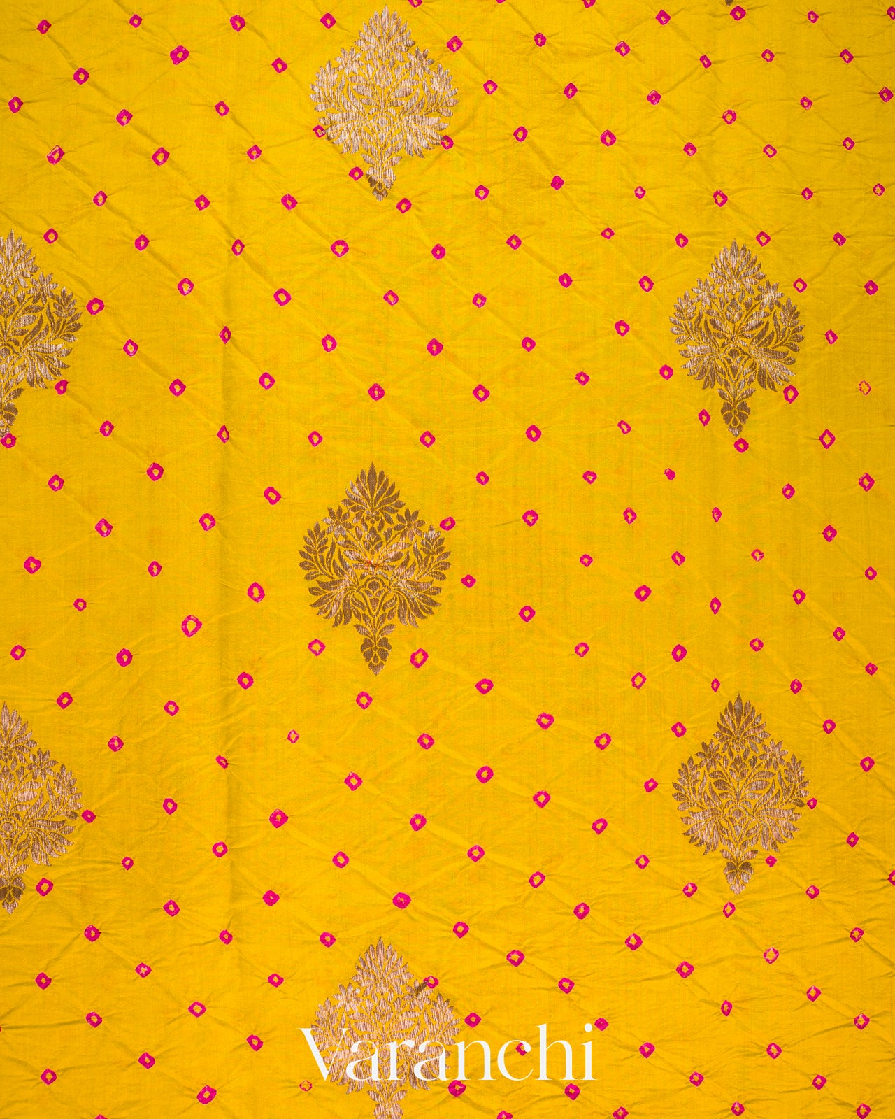 Olive Yellow Bandhani Pure Chiniya Silk Saree