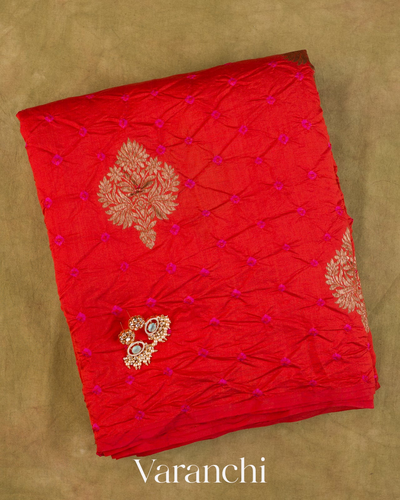 Bright Red Bandhani Pure Chiniya Silk Saree