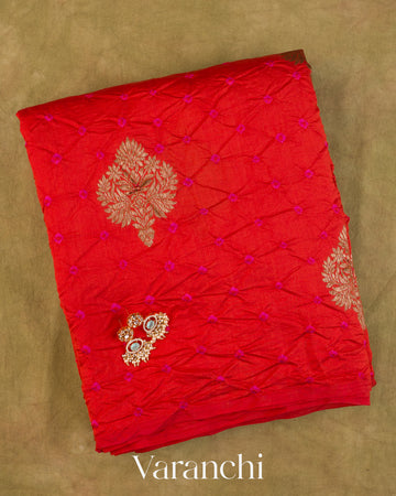 Bright Red Bandhani Pure Chiniya Silk Saree
